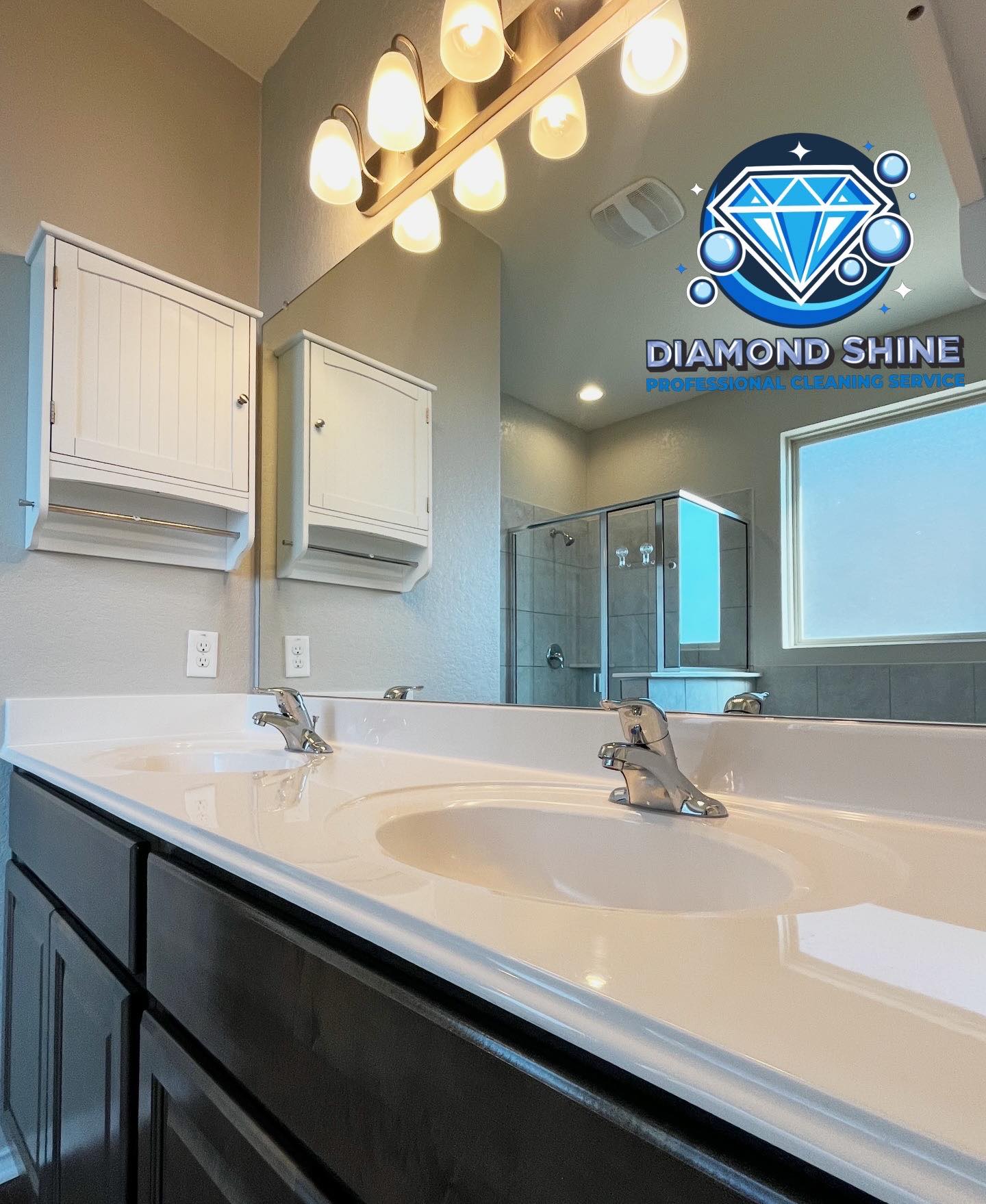 Spotless double-vanity bathroom after professional cleaning