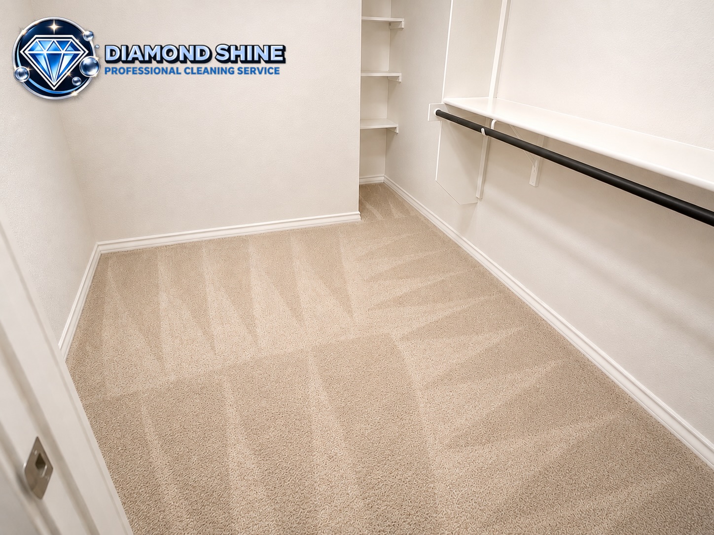 Freshly vacuumed carpet with professional stripe pattern in a walk-in closet